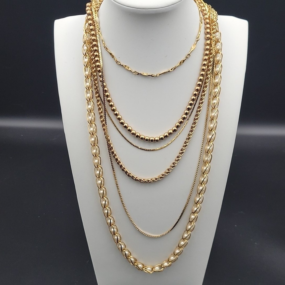 Napier Gold Tone Faux Pearl Layering Necklace Lot 6 Pieces Various Sizes Vintage